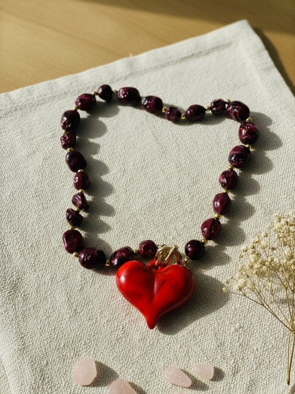 Dark Cherry Cola statement Heart Pendant Toggle Necklace, Burgundy Beaded